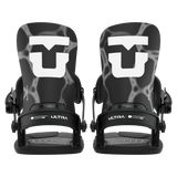 Pair of black men's snowboard bindings, front view