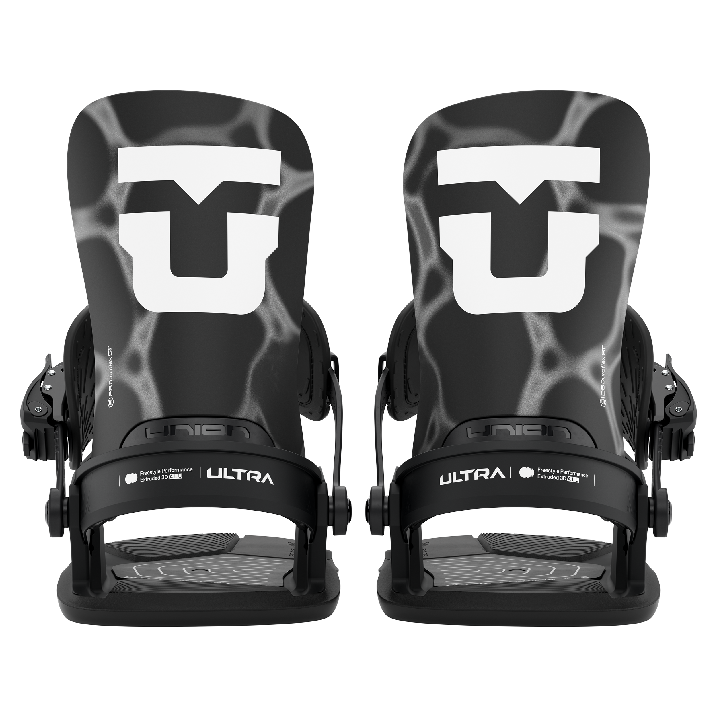 Pair of black men's snowboard bindings, front view