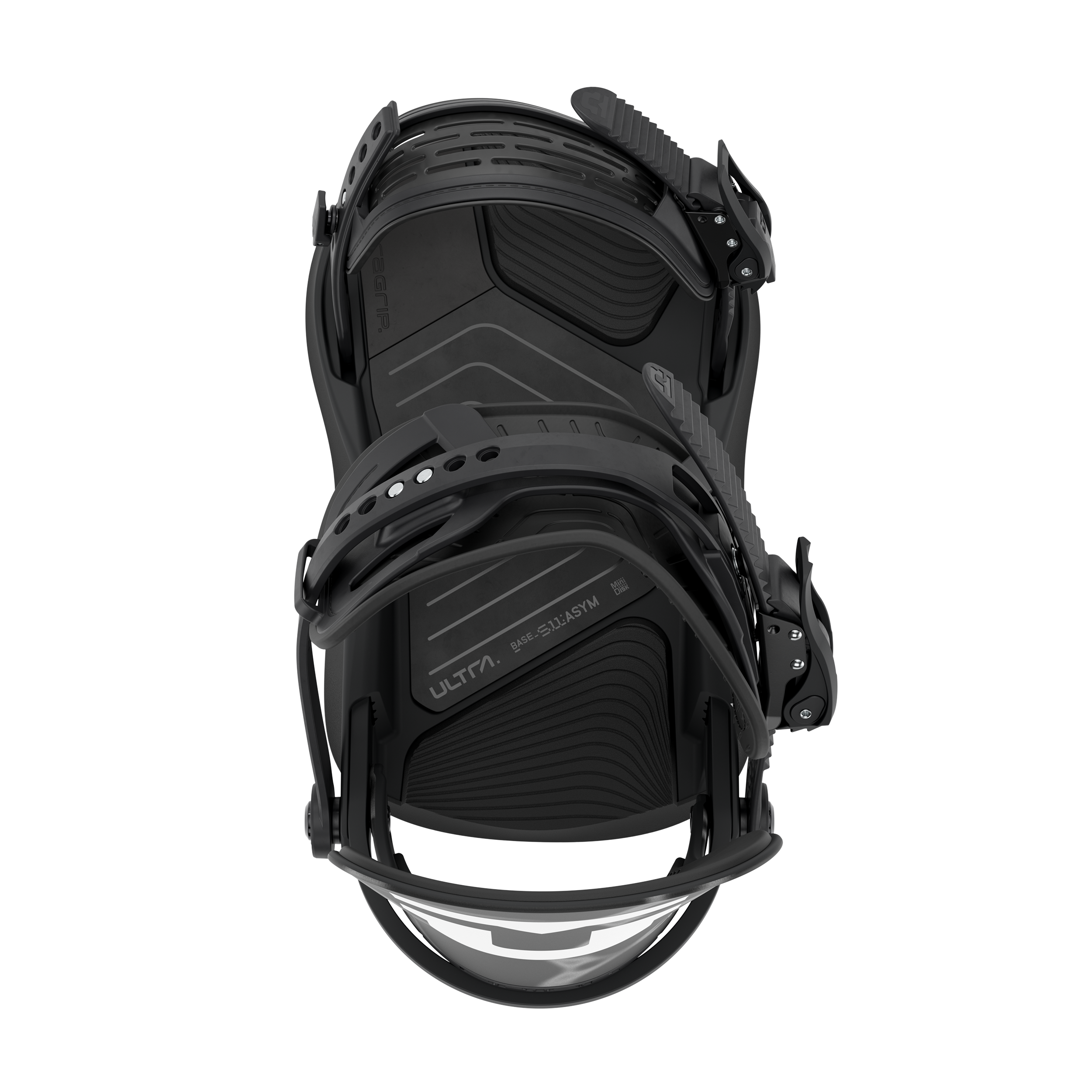 Black snowboard binding base with treaded footbed and strap pads