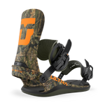 Camo men's snowboard binding with orange U graphic and dark straps