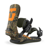 Camo men's snowboard binding with orange U graphic and dark straps