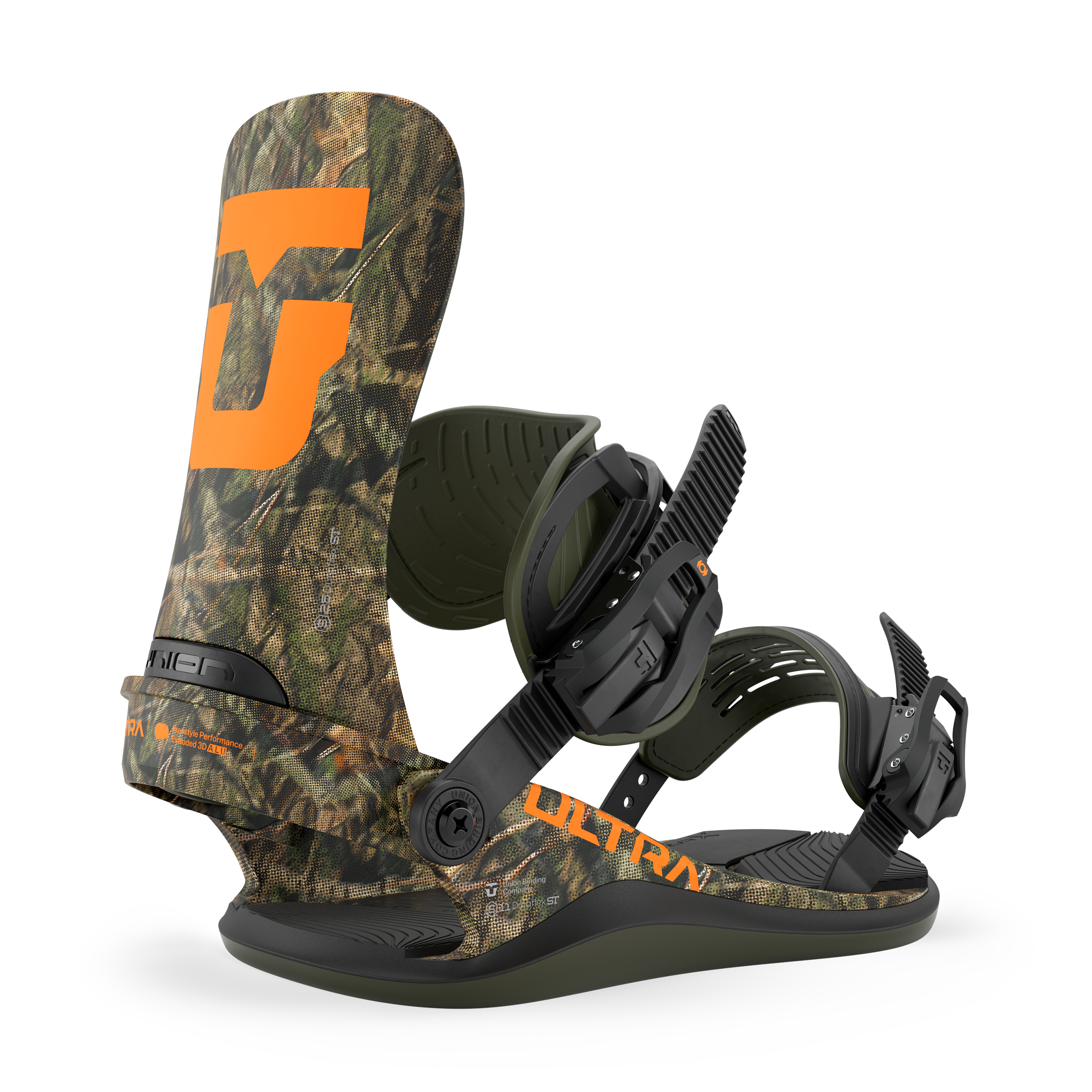 Camo men's snowboard binding with orange U graphic and dark straps