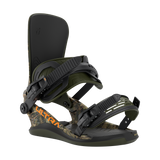 Camo men's snowboard binding, side view with green highback and straps