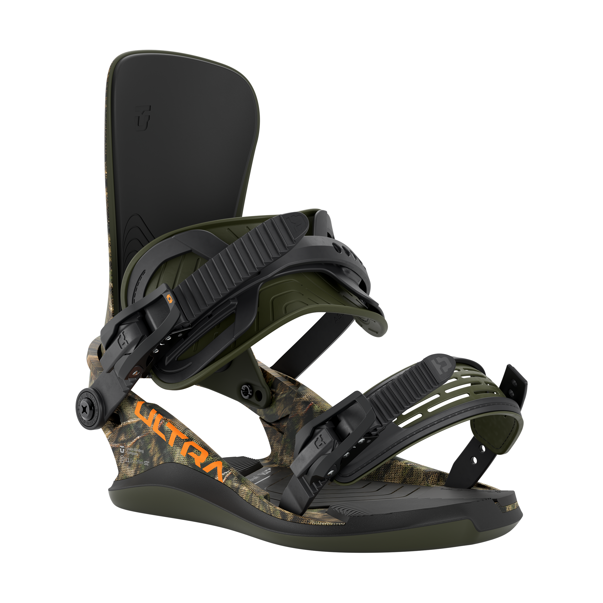 Camo men's snowboard binding, side view with green highback and straps
