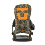 Camo men's snowboard binding front view with orange T-style logo