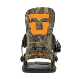 Camo men's snowboard binding front view with orange T-style logo