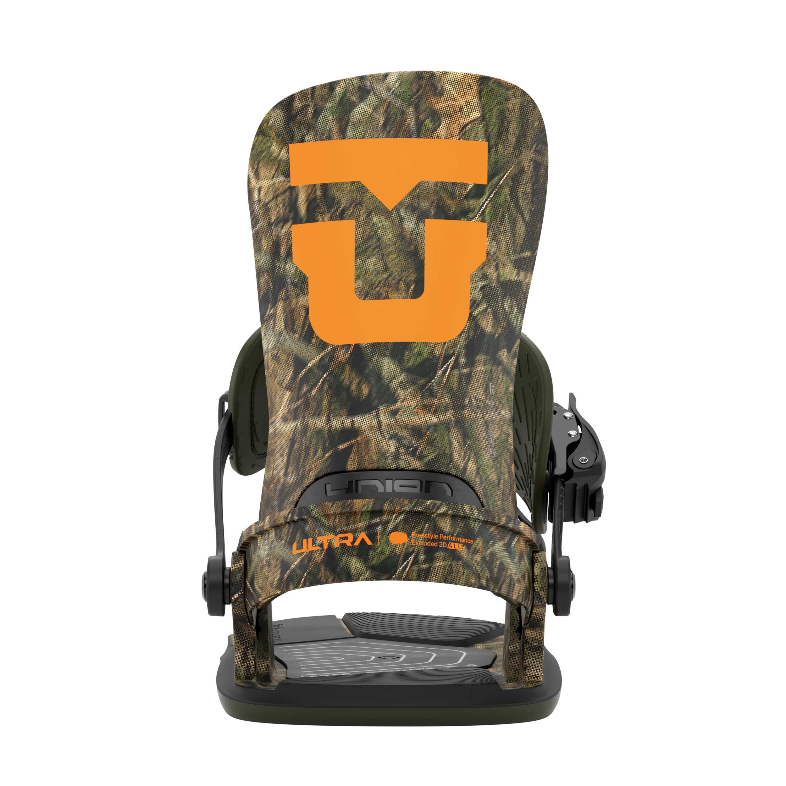 Camo men's snowboard binding front view with orange T-style logo