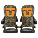 Pair of camo men's snowboard bindings, front view with orange accents
