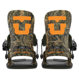 Pair of camo men's snowboard bindings, front view with orange accents