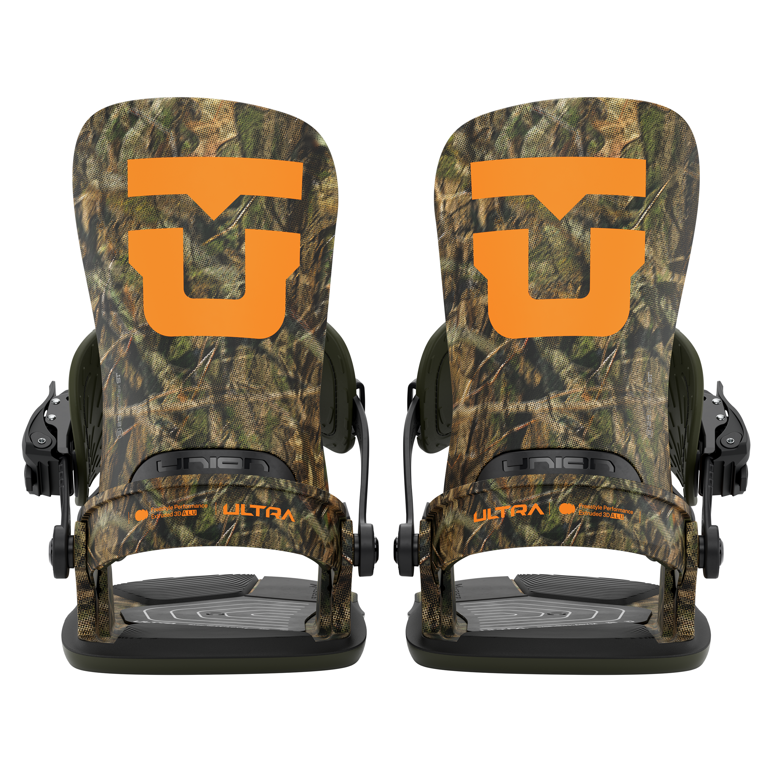 Pair of camo men's snowboard bindings, front view with orange accents