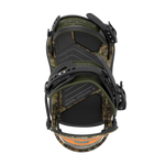 Camo men's snowboard binding, rear angled view with orange trim