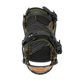 Camo men's snowboard binding, rear angled view with orange trim