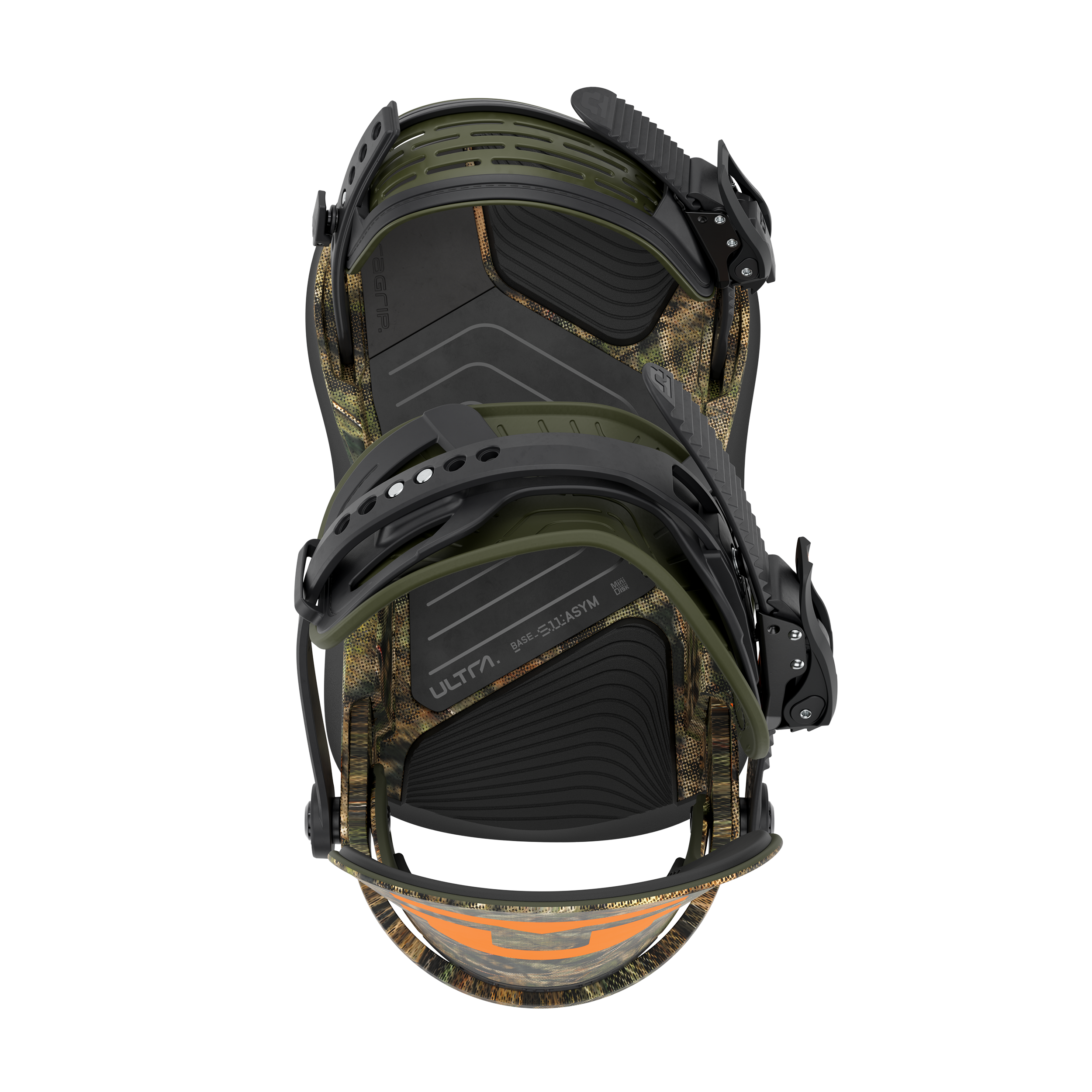 Camo men's snowboard binding, rear angled view with orange trim