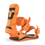 Orange snowboard binding with black base and adjustable front straps