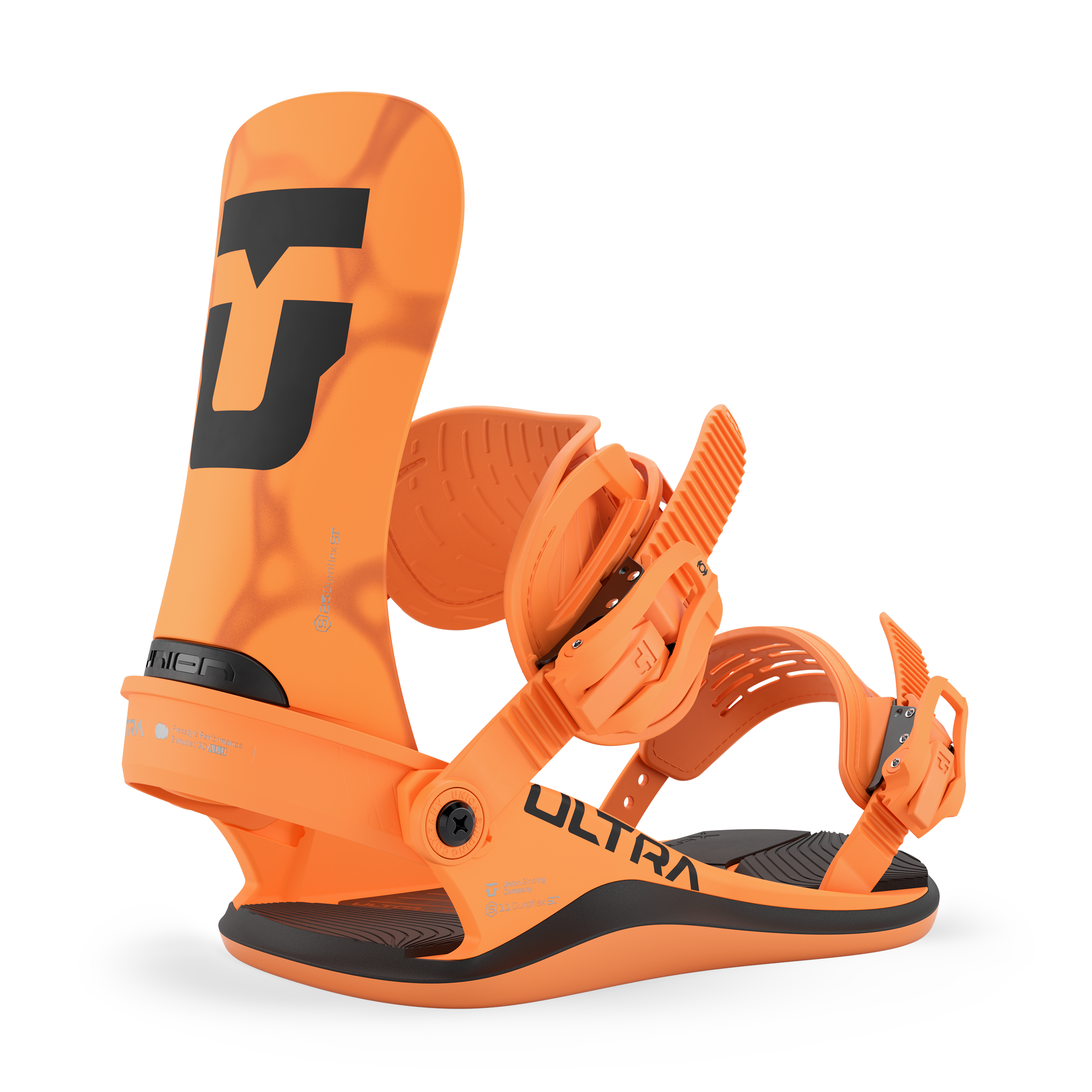 Orange snowboard binding with black base and adjustable front straps