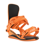 Orange snowboard binding side view with black footbed and ribbed straps