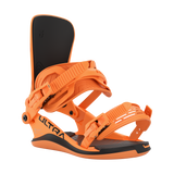 Orange snowboard binding side view with black footbed and ribbed straps