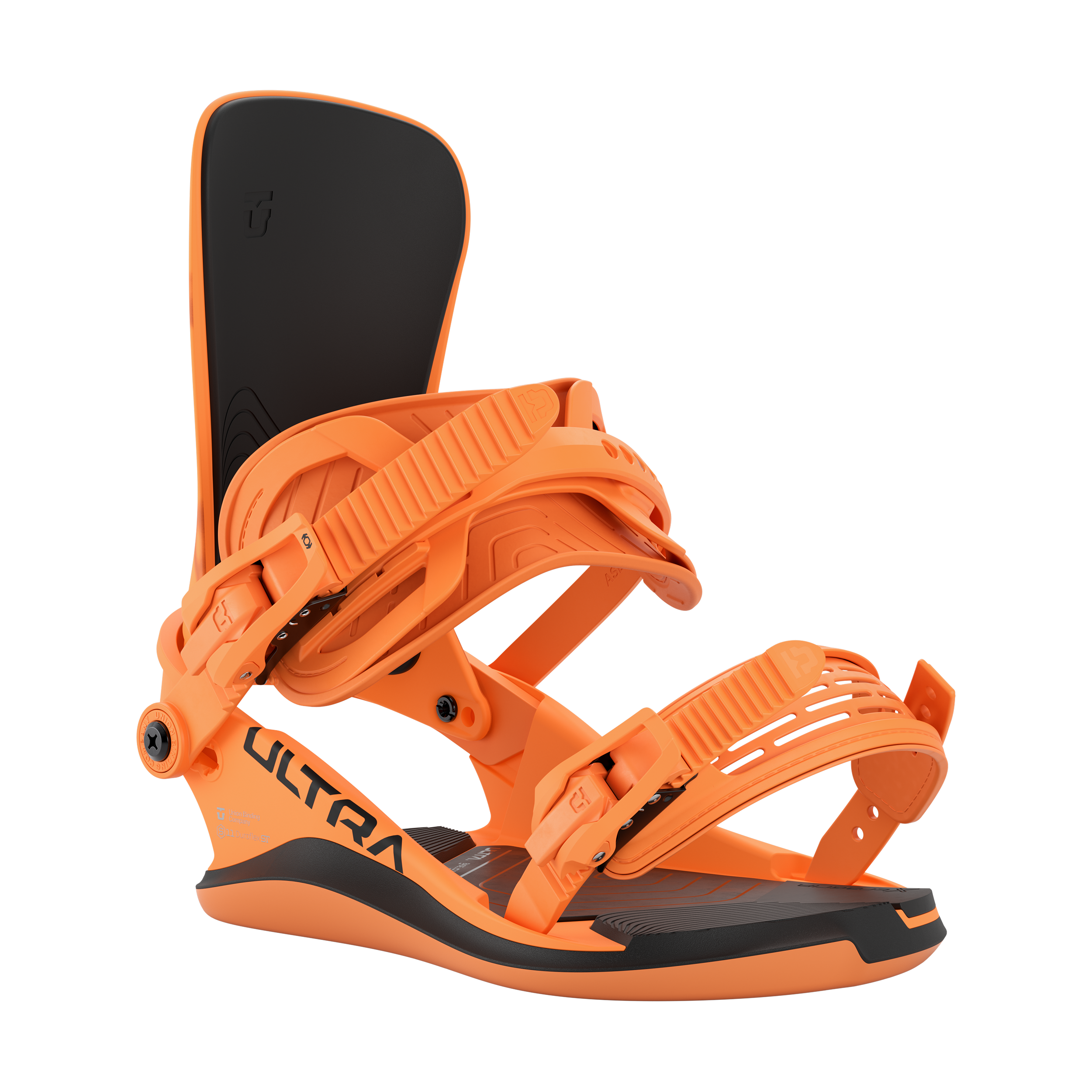 Orange snowboard binding side view with black footbed and ribbed straps