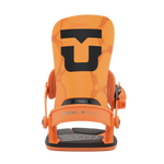 Orange snowboard binding front view with U-logo and padded ankle straps