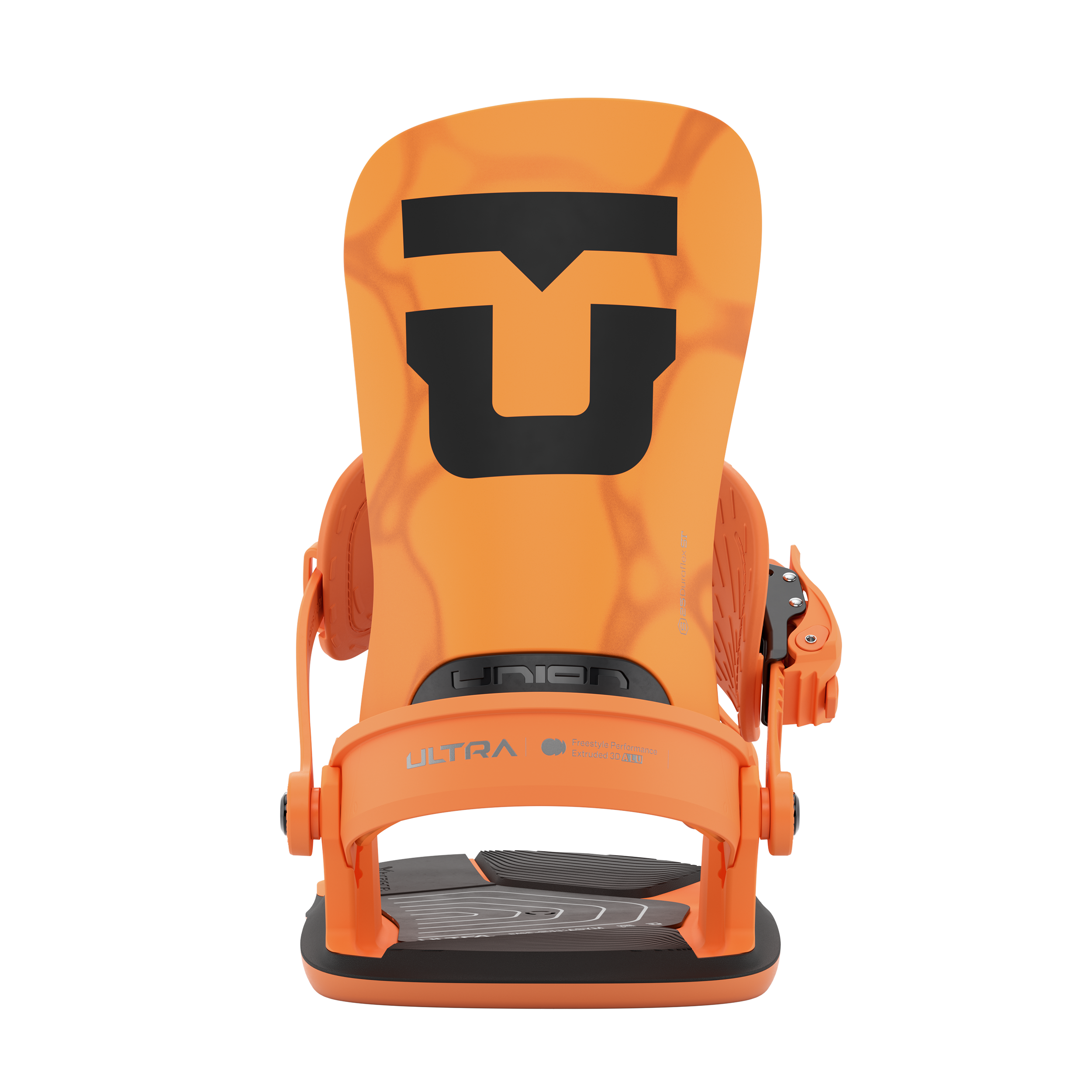 Orange snowboard binding front view with U-logo and padded ankle straps