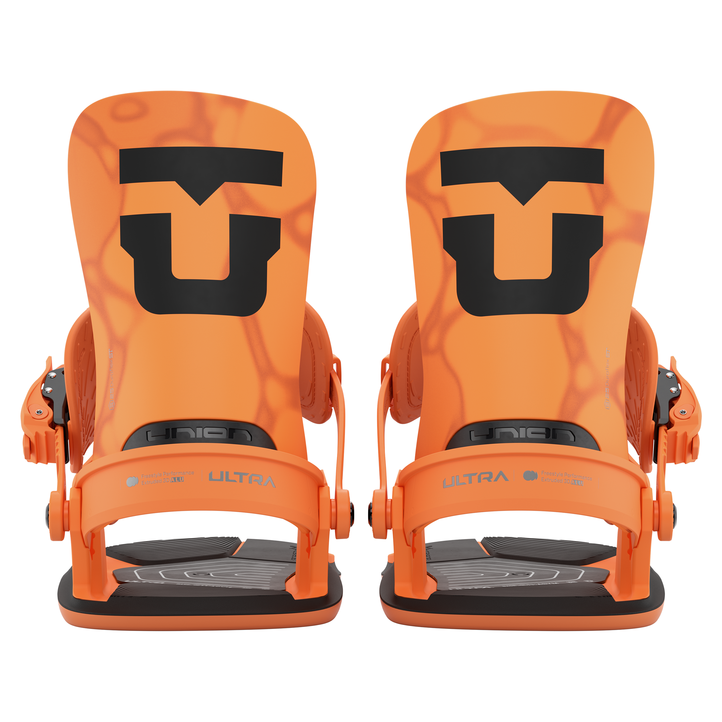 Pair of orange snowboard bindings, front view, with black soles and straps