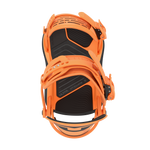 Orange snowboard binding top view, showing black footbed and mounting straps
