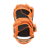 Orange snowboard binding top view, showing black footbed and mounting straps