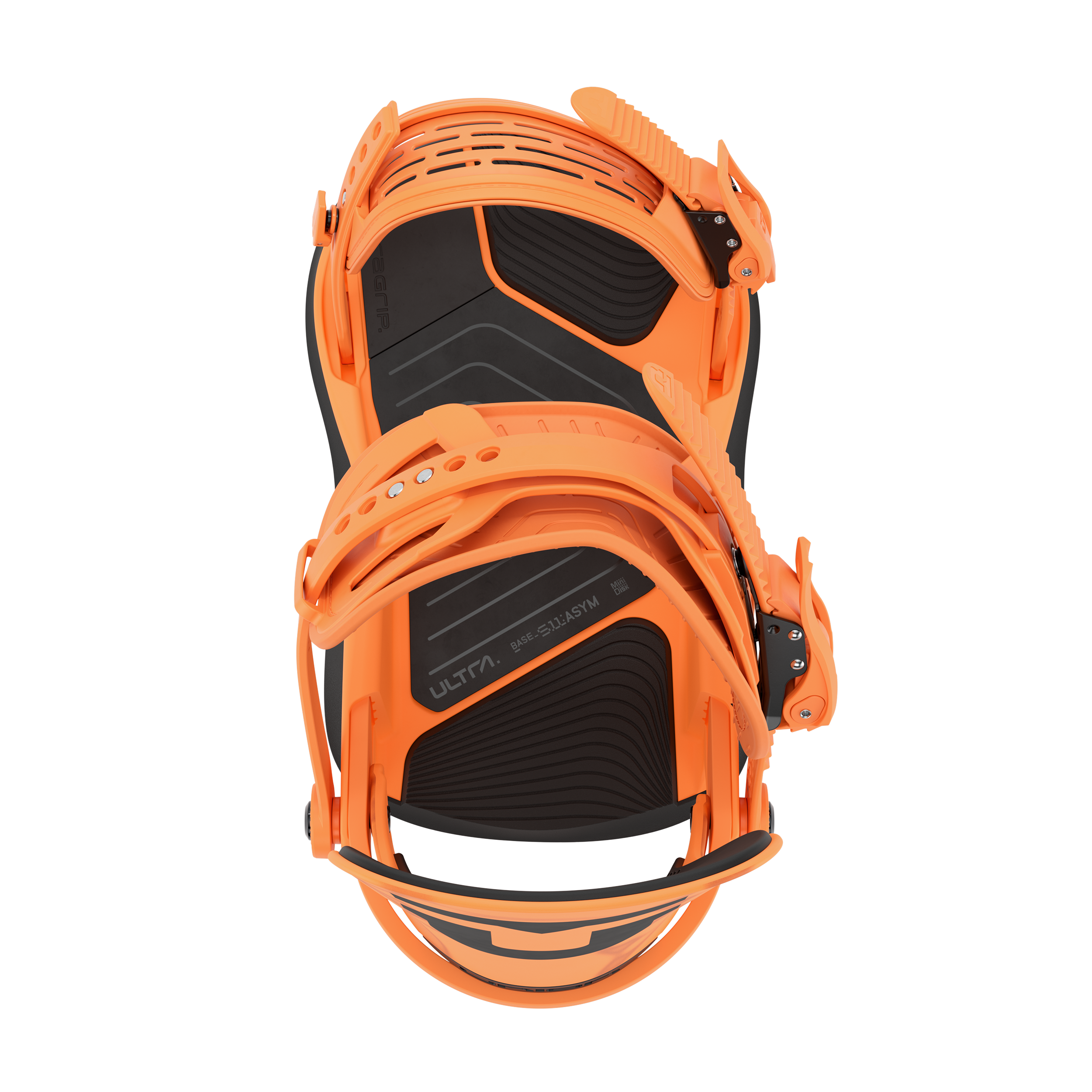 Orange snowboard binding top view, showing black footbed and mounting straps