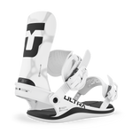 White snowboard binding with black base and adjustable front straps