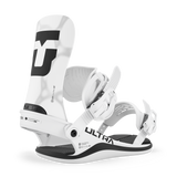 White snowboard binding with black base and adjustable front straps