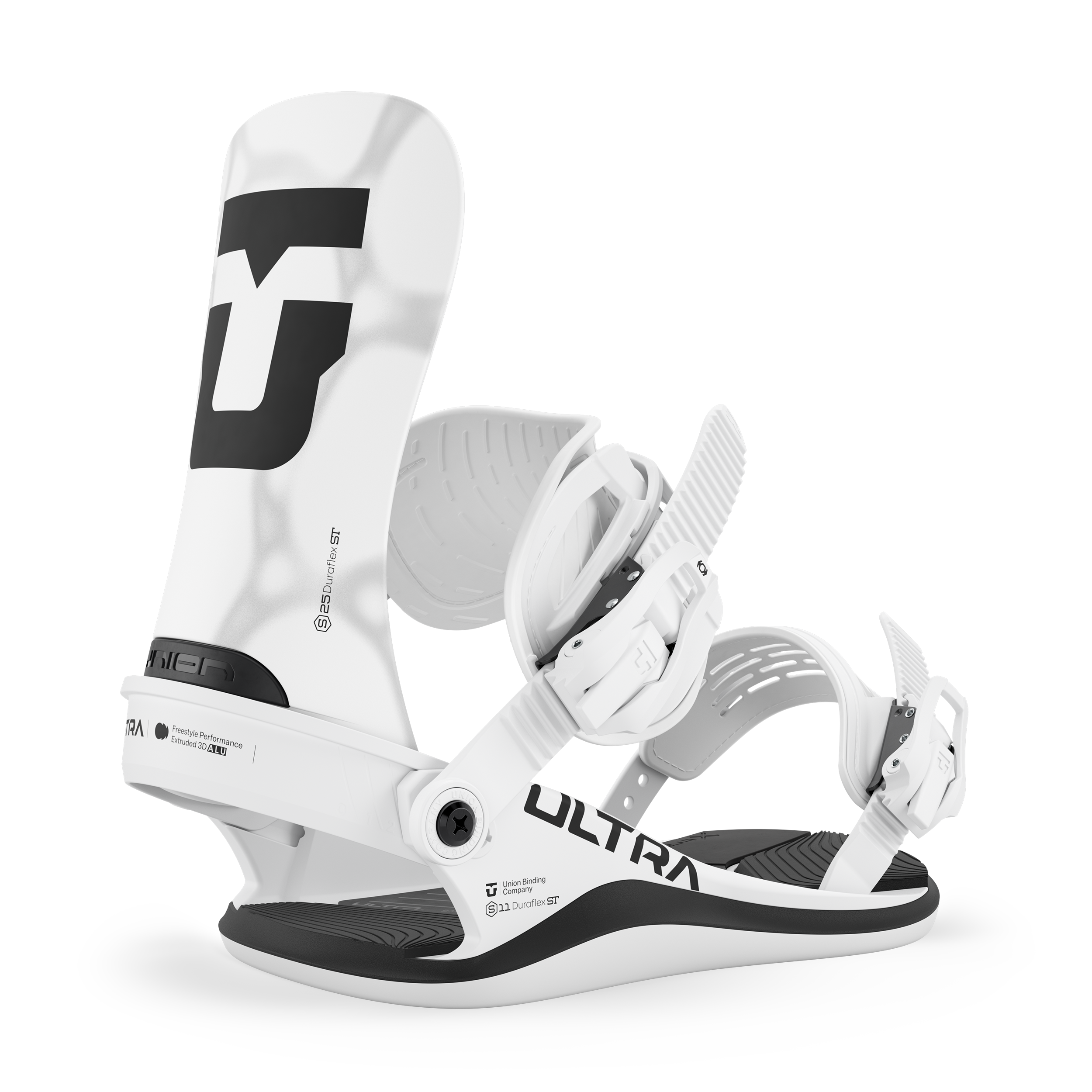 White snowboard binding with black base and adjustable front straps