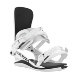 White snowboard binding side view with black footbed and ribbed straps