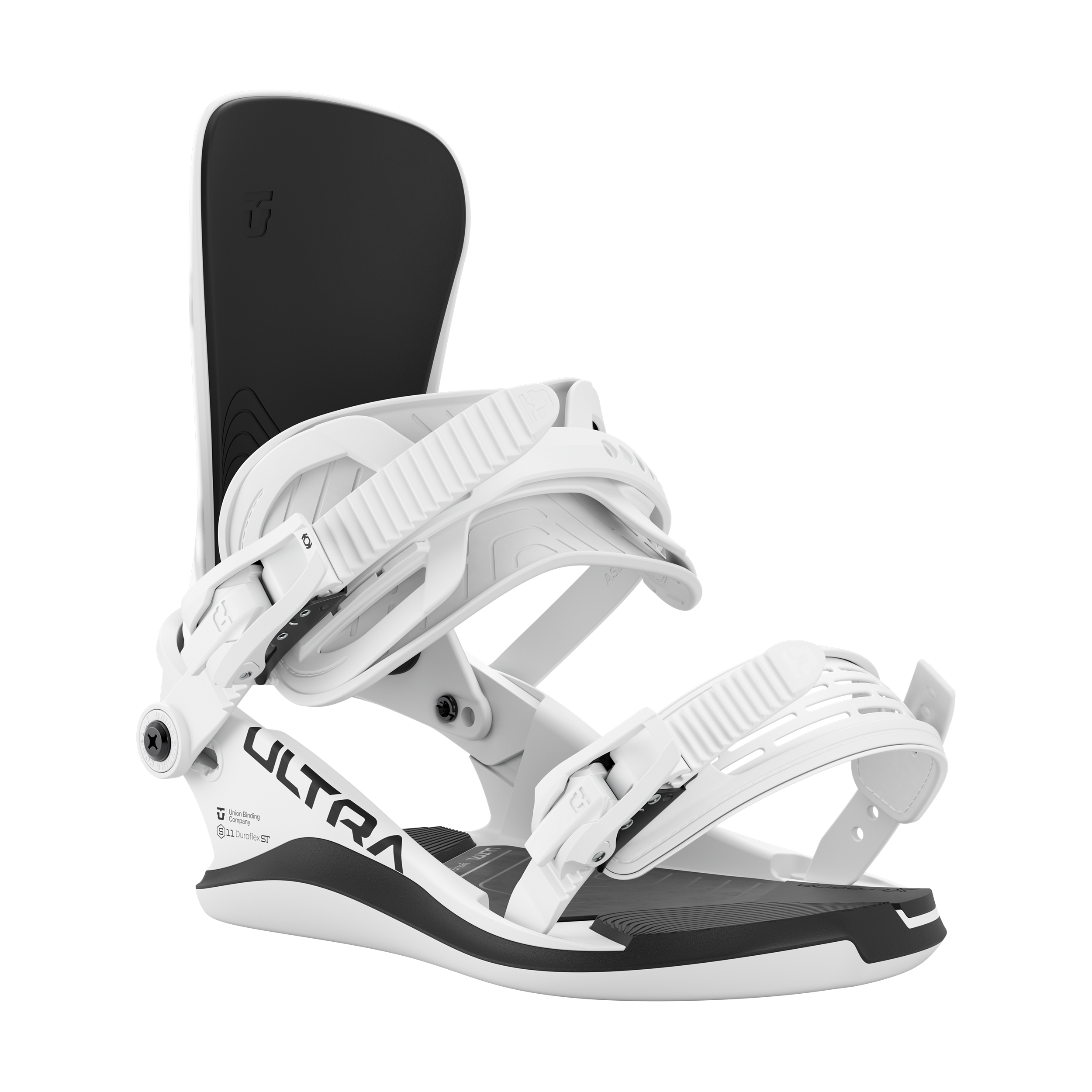 White snowboard binding side view with black footbed and ribbed straps