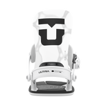 White snowboard binding front view with U-logo and padded ankle straps