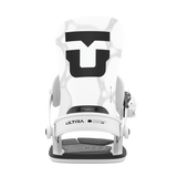 White snowboard binding front view with U-logo and padded ankle straps