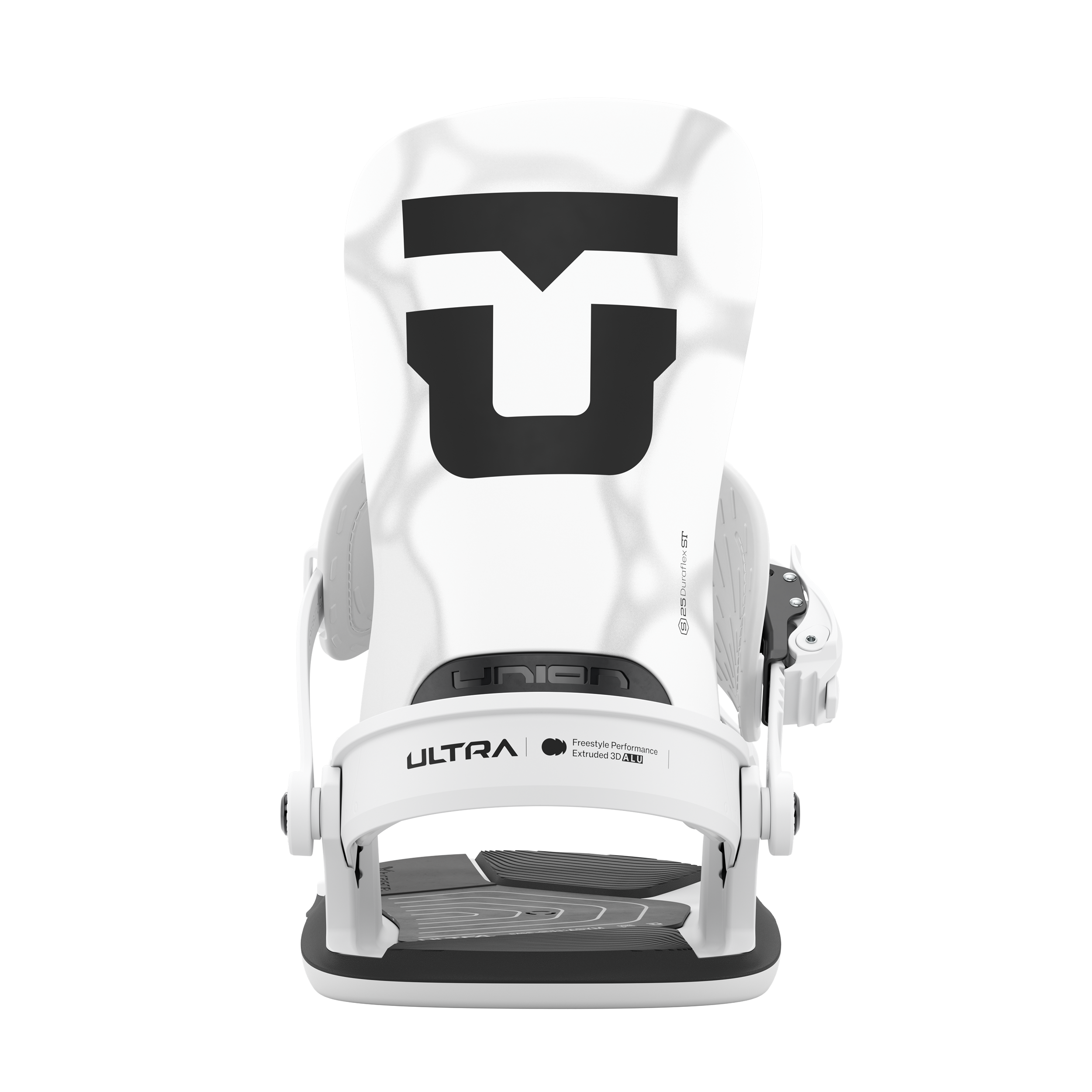 White snowboard binding front view with U-logo and padded ankle straps