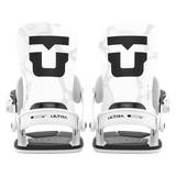 Pair of white snowboard bindings, front view, with black soles and straps