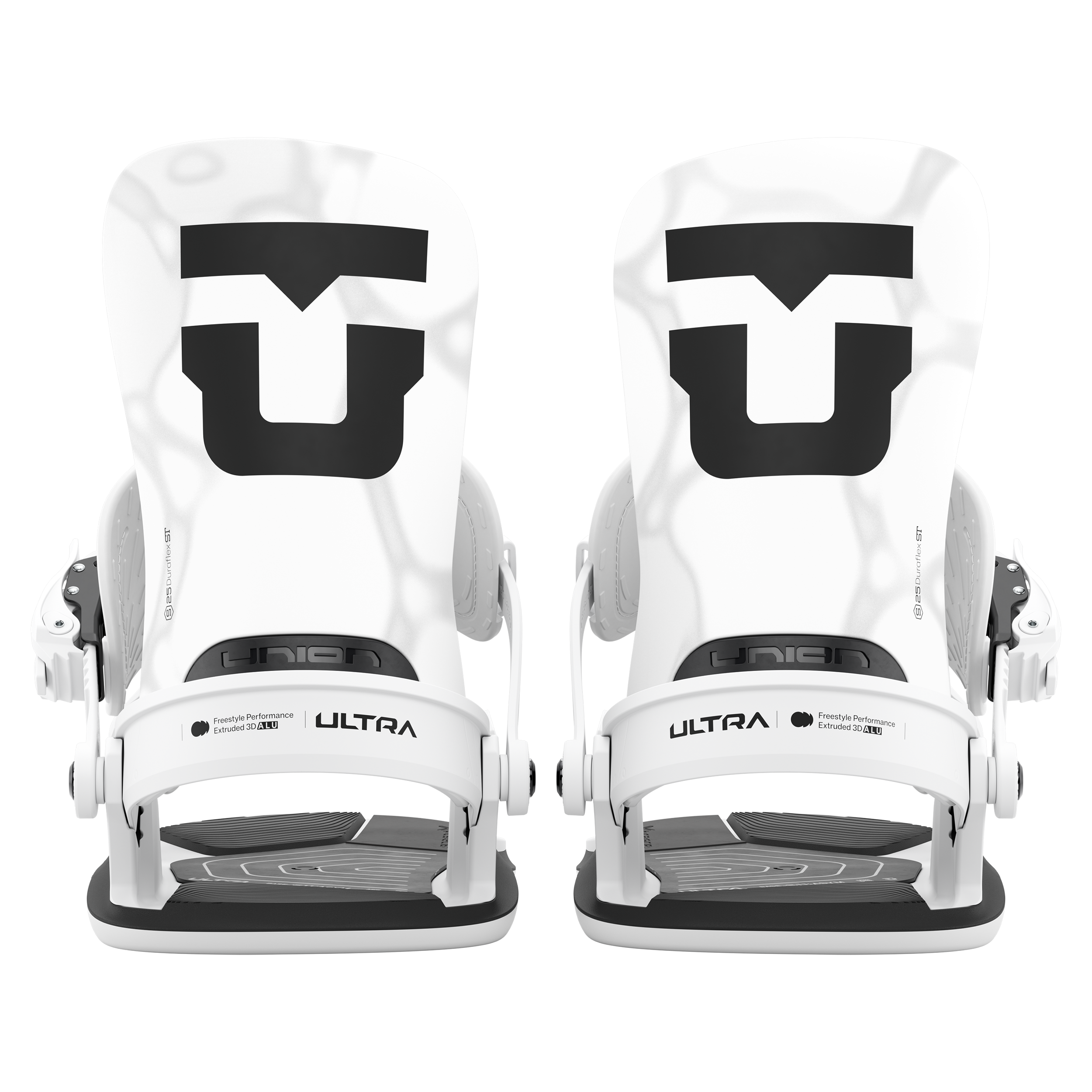 Pair of white snowboard bindings, front view, with black soles and straps