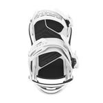White snowboard binding top view, showing black footbed and mounting straps