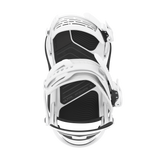 White snowboard binding top view, showing black footbed and mounting straps