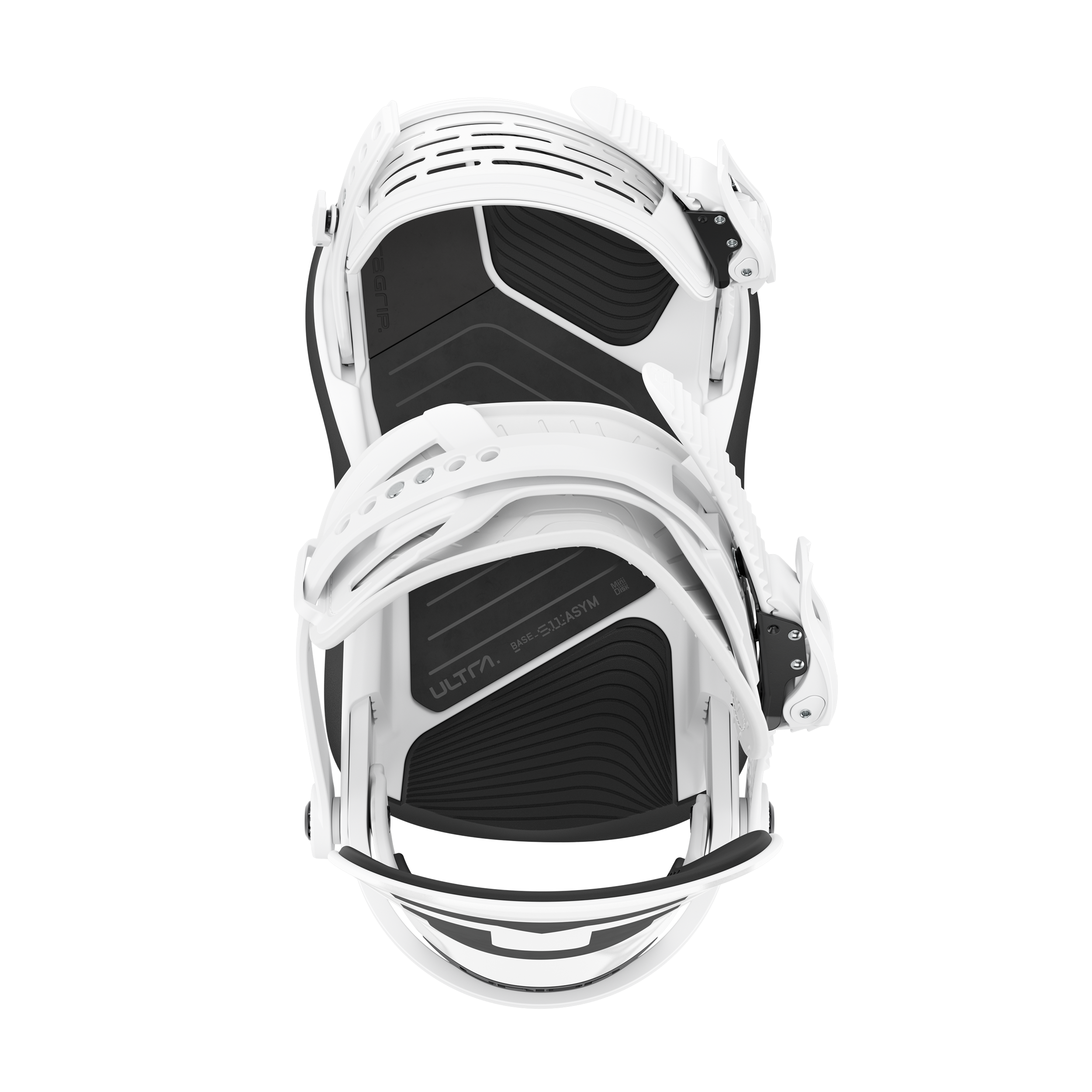 White snowboard binding top view, showing black footbed and mounting straps
