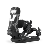 Black women's snowboard binding with high-back and front strap, side view.