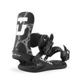 Black women's snowboard binding with high-back and front strap, side view.