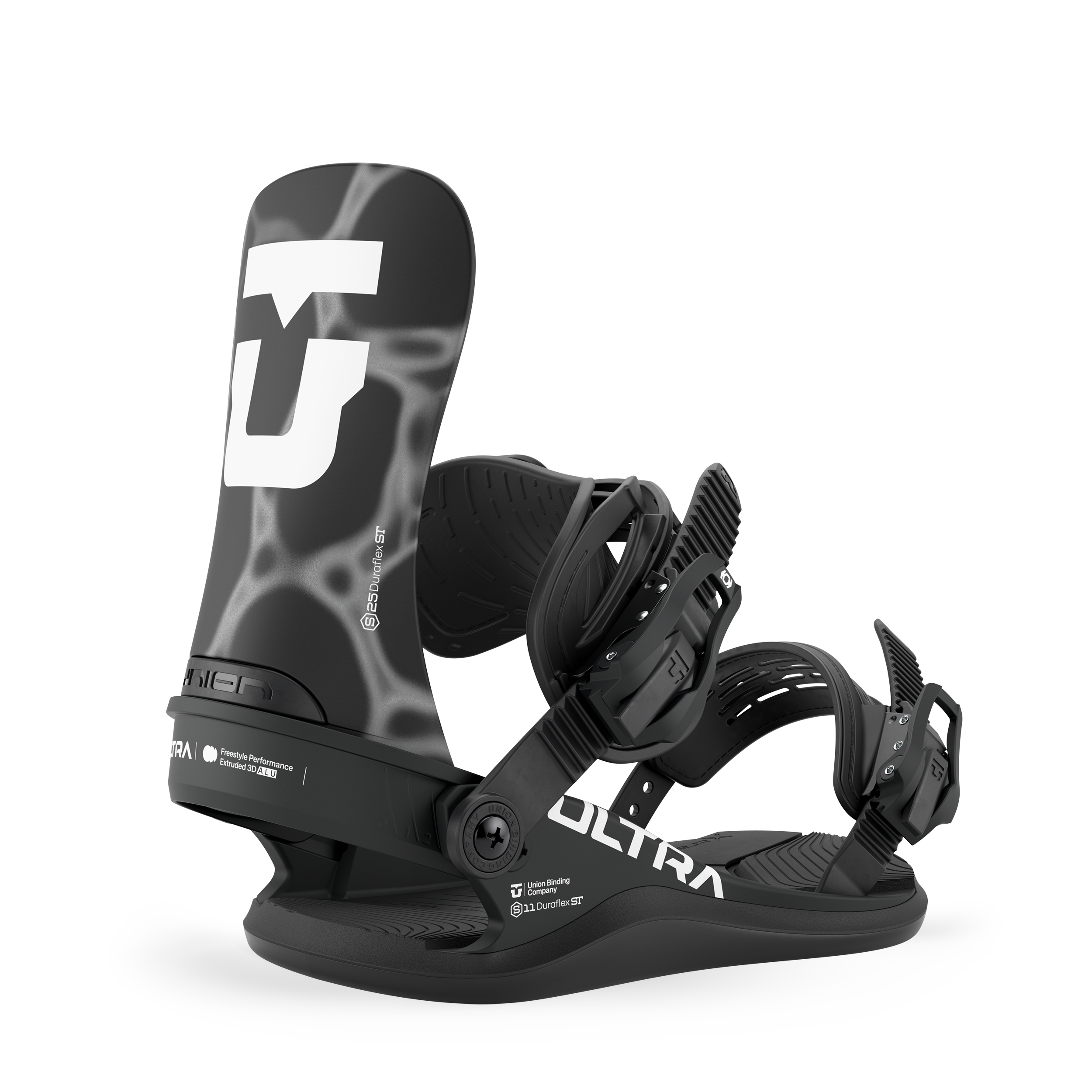 Black women's snowboard binding with high-back and front strap, side view.
