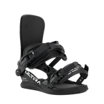 Black women's snowboard binding, three-quarter view with adjustable ankle strap.