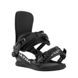 Black women's snowboard binding, three-quarter view with adjustable ankle strap.