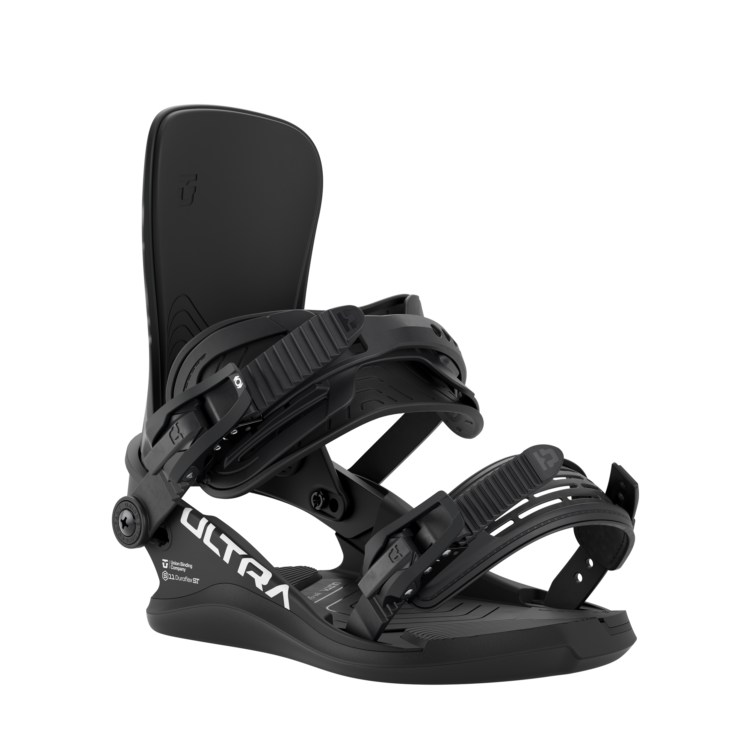 Black women's snowboard binding, three-quarter view with adjustable ankle strap.