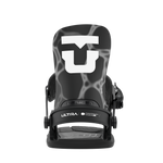 Black women's snowboard binding with high-back and foot platform, front view.