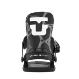 Black women's snowboard binding with high-back and foot platform, front view.