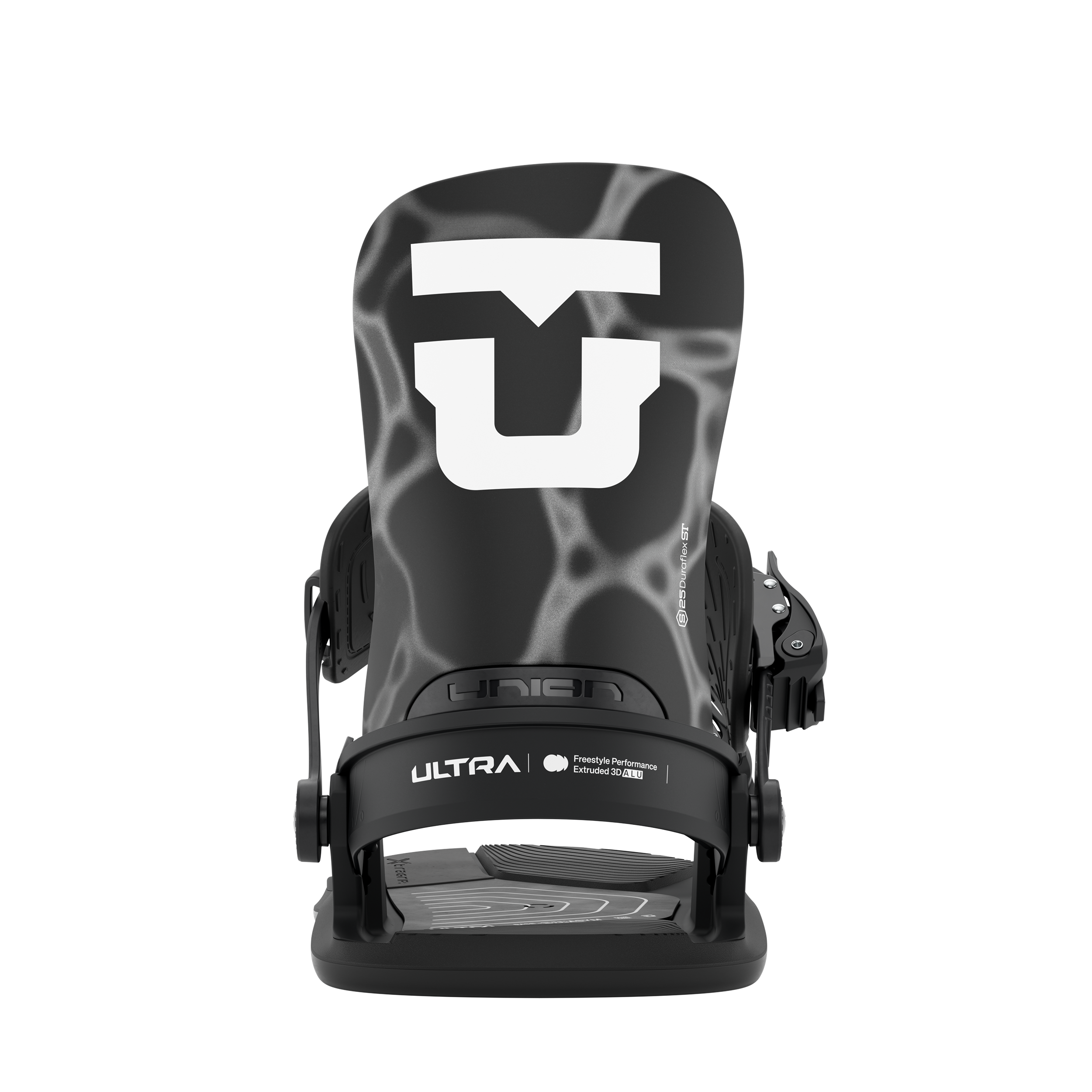 Black women's snowboard binding with high-back and foot platform, front view.